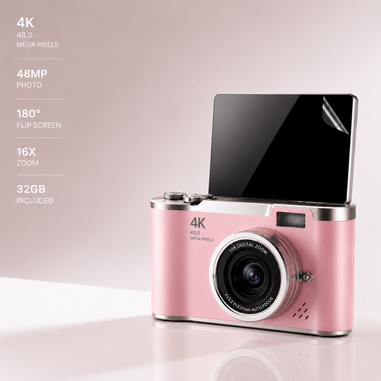 Serolira Compact 4K Camera with Flip Screen, 16X Zoom & Memory Card