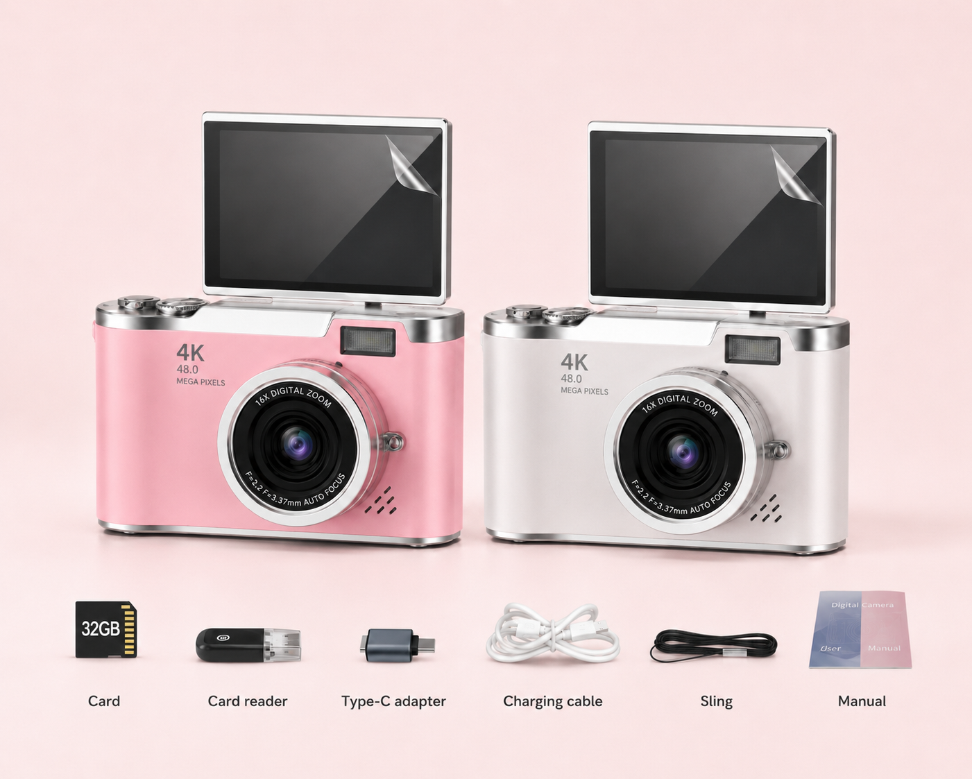 Serolira Compact 4K Camera with Flip Screen, 16X Zoom & Memory Card